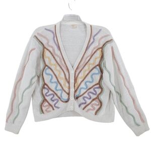 Vtg Silk Focus Cardigan Wmn M Sweater White Button Up Pastel Knit Embellishments